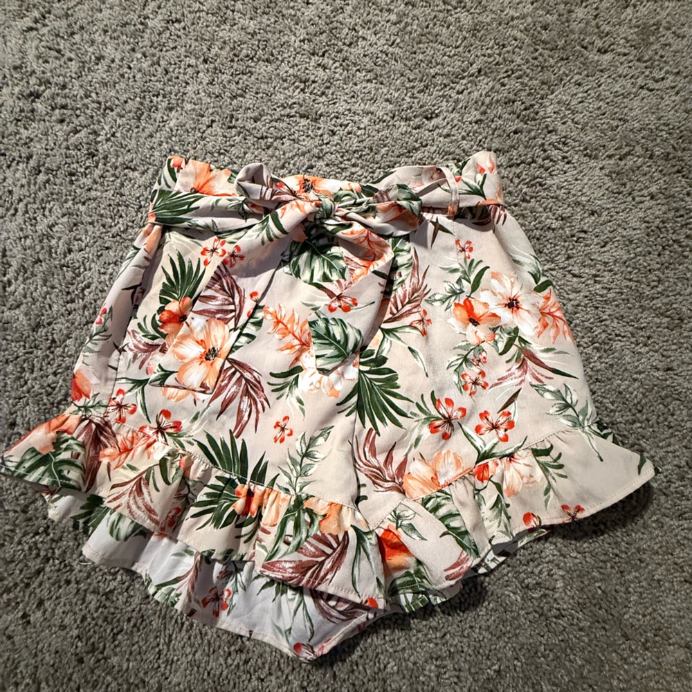 Floral Ruffle Shorts with Orange and Green Accents